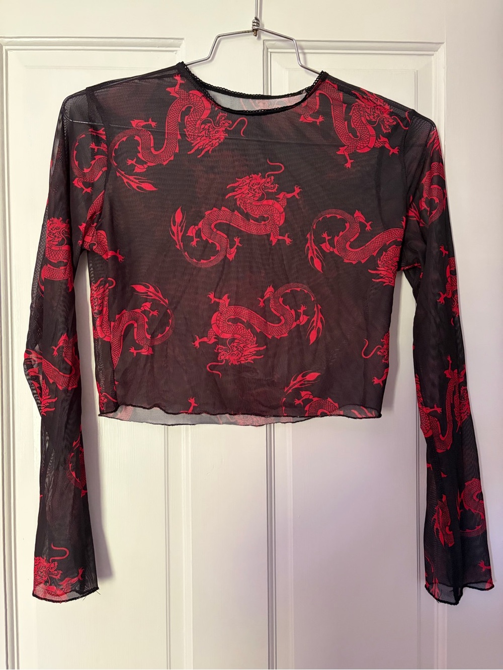 Sheer Black Long-Sleeve Mesh Top with Red Dragon Print